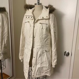 H&M white fur lined hooded coat Size M
